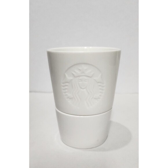 2012 Starbucks Two Ceramic Stackable Measuring Cups White Embossed Mermaid Logo - Picture 2 of 6